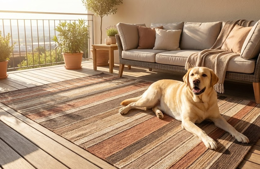 Happy yellow lab on striped outdoor rugs on a sunny deck with furniture.
