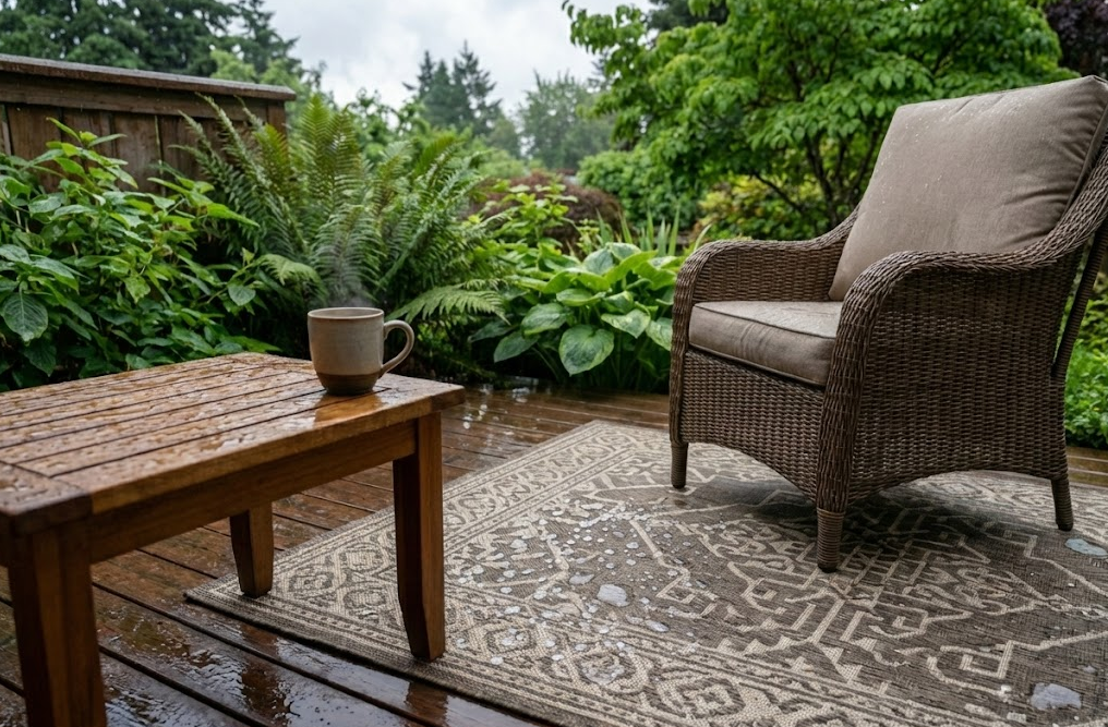 Rainy patio with a durable brown outdoor rug under a wicker chair and wet wooden table.