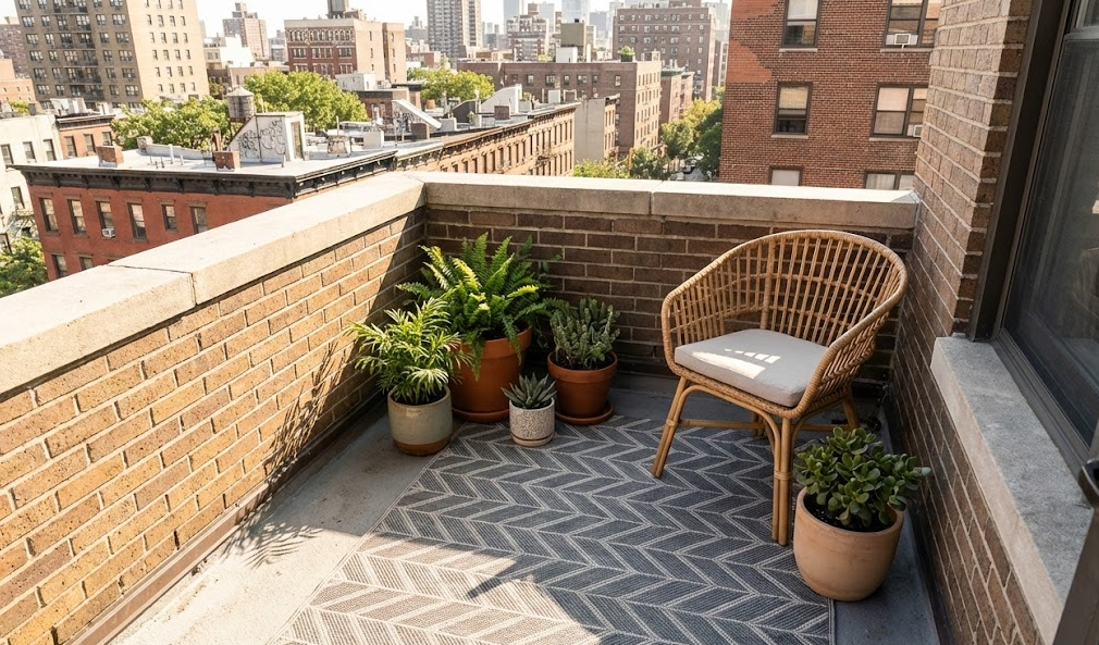 Stylish geometric outdoor rugs enhance a cozy city balcony with a wicker chair and plants.