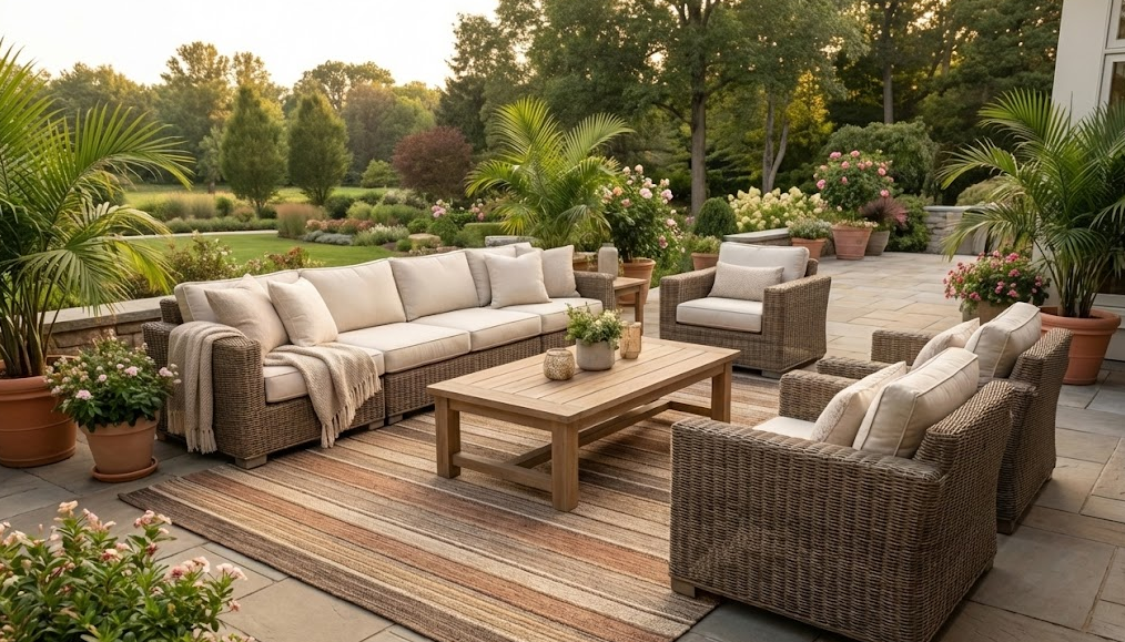Beautiful patio with wicker furniture and a striped outdoor rug creating an inviting space.
