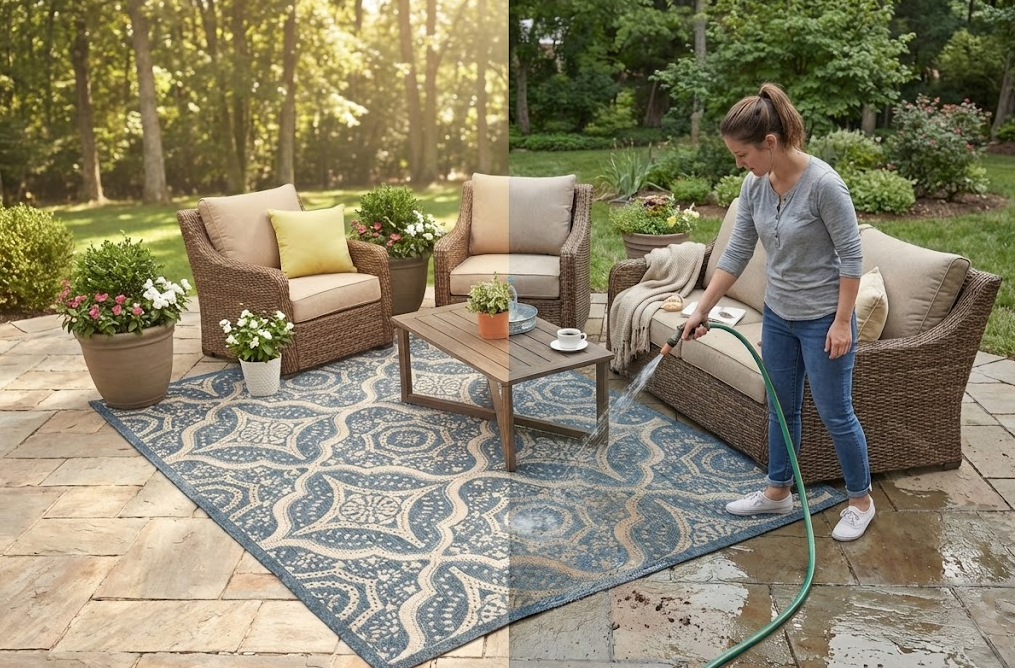Woman cleaning a dirty patio area with durable outdoor rugs, showcasing easy maintenance.