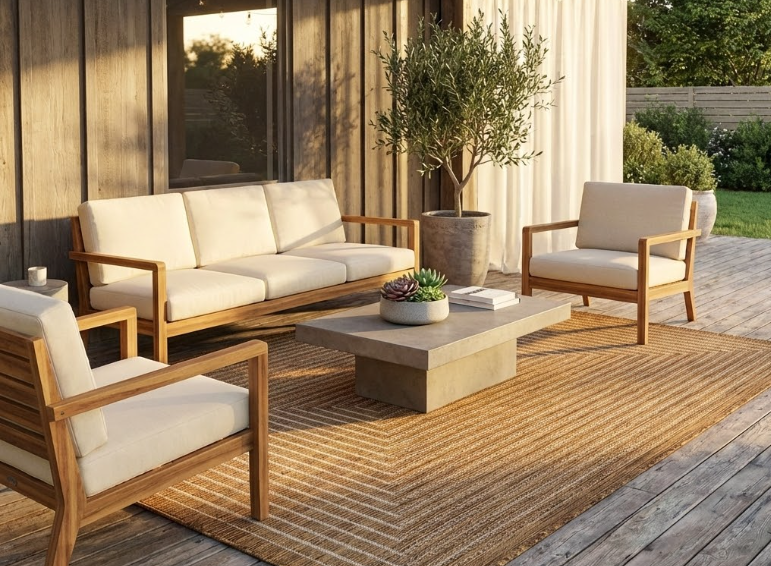 Stylish patio with teak furniture centered on a natural fiber outdoor rug.