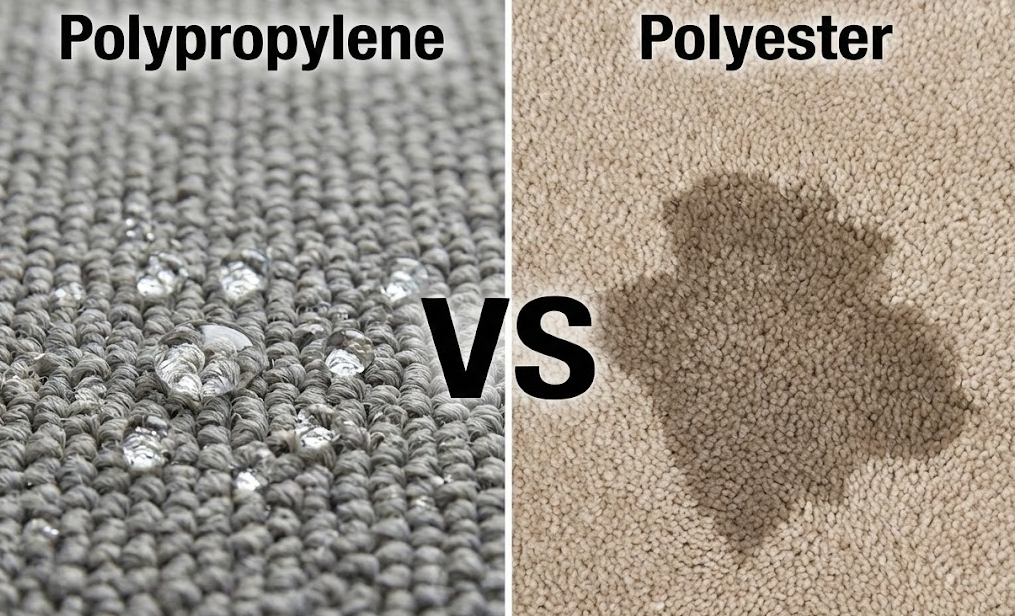 Polypropylene vs Polyester Outdoor Rugs: Water beads on polypropylene, stains on polyester.