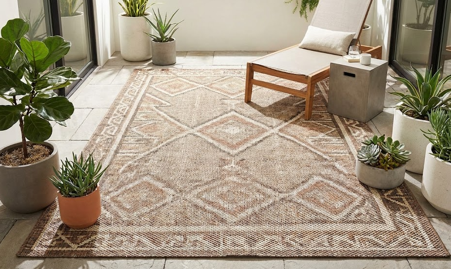 Stylish patterned outdoor rugs enhance a modern patio with plants and a comfortable lounge chair.