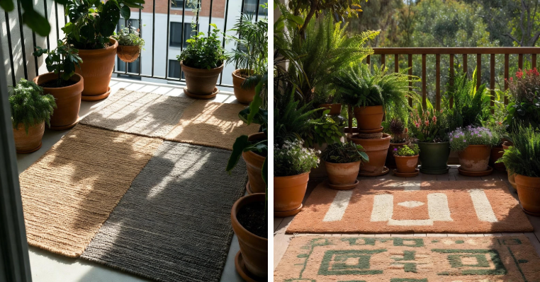 Balconies with various potted plants and stylish outdoor rugs.
