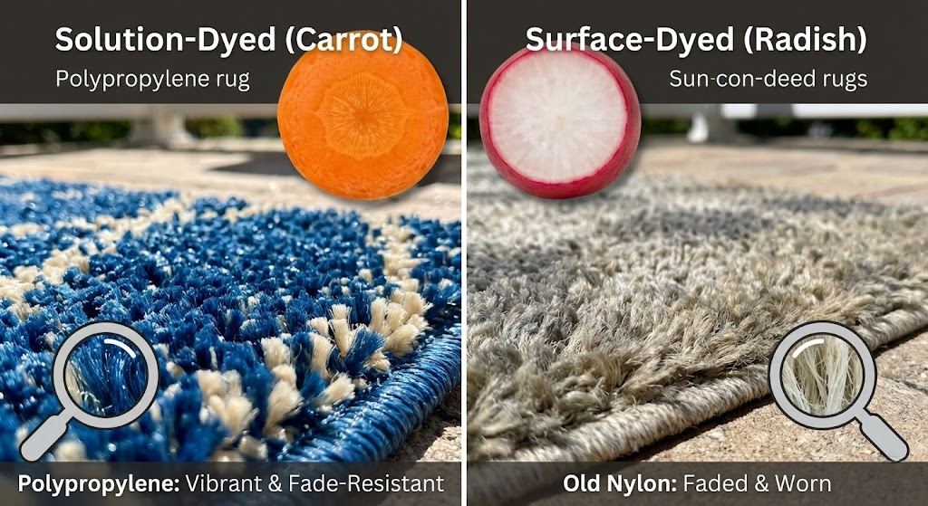 Compare vibrant solution-dyed polypropylene to faded outdoor rugs for lasting quality.