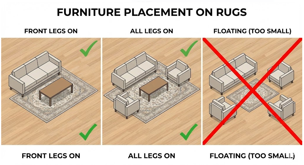 Infographic demonstrating optimal furniture placement on outdoor rugs for balanced design.
