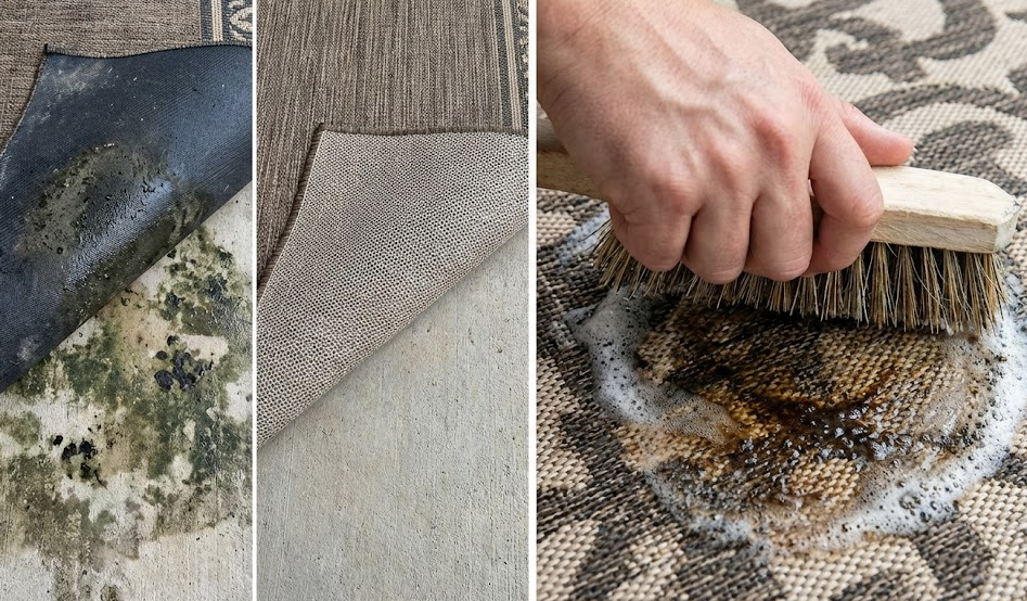 Comparing mold growth under dirty outdoor rugs versus clean ones; hand scrubbing a tough stain.