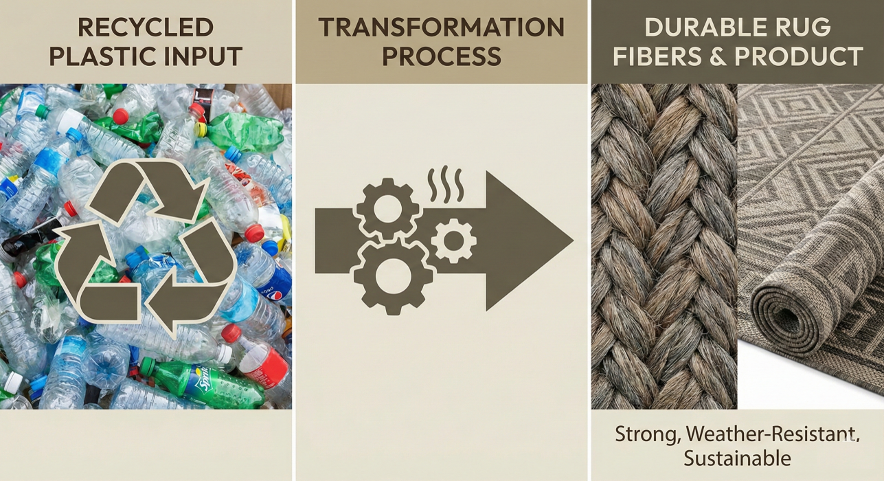 Outdoor rugs made from recycled plastic, illustrating a sustainable transformation process into durable fibers.