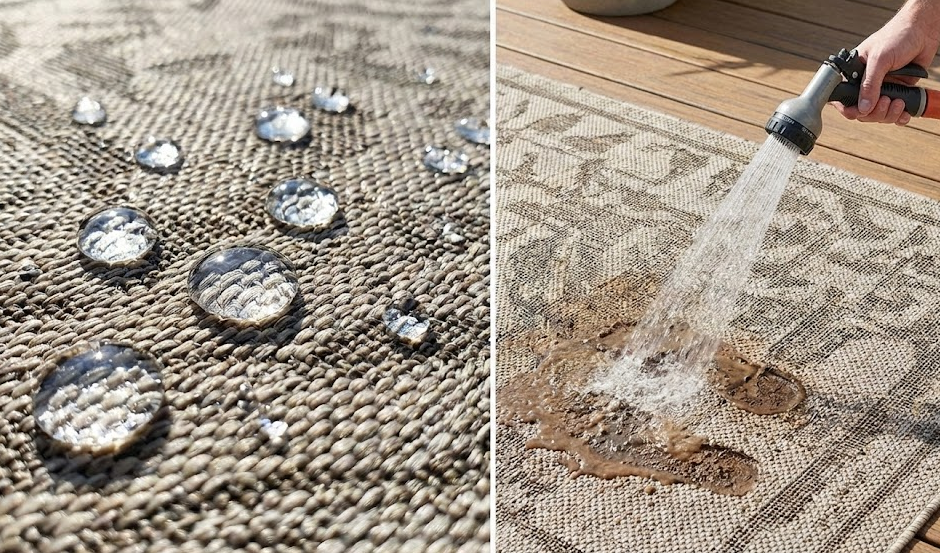 Waterproof outdoor rugs repelling water, easily cleaned with a hose on a deck.