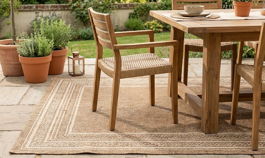 Stylish woven outdoor rug under a wooden dining set, enhancing the patio's aesthetic.