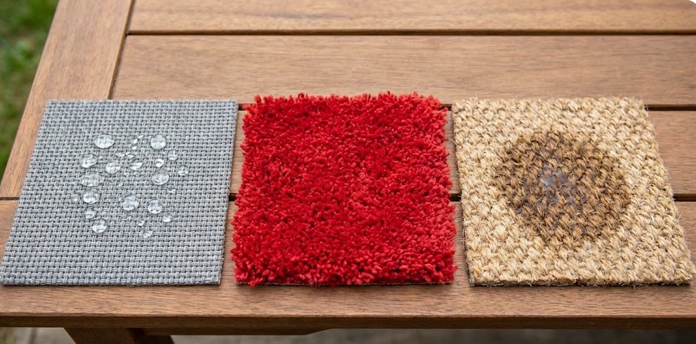 Water-resistant, shaggy, and natural fiber outdoor rugs samples on a wooden table.