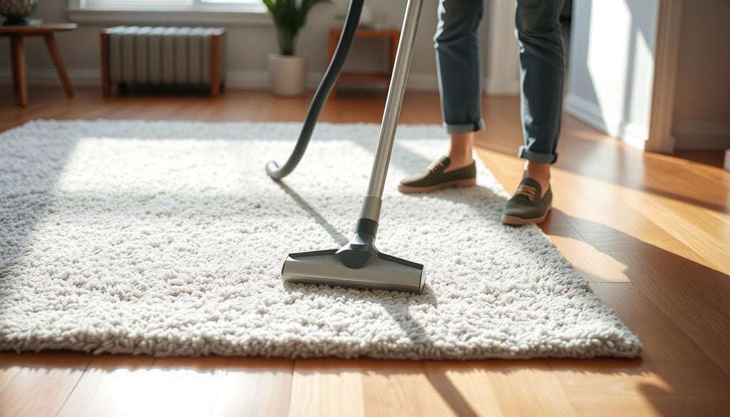 Vacuuming a plush white rug. This maintenance ensures longevity for all Outdoor Rugs.