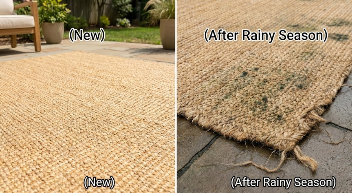 Comparing new versus damaged outdoor rugs after rainy season to emphasize weather-resistant durability.