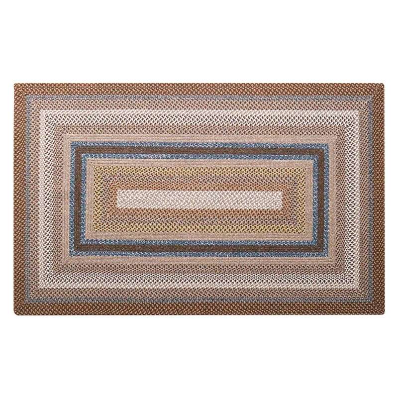 Earth-toned braided outdoor rugs featuring concentric rectangular patterns on a white background.