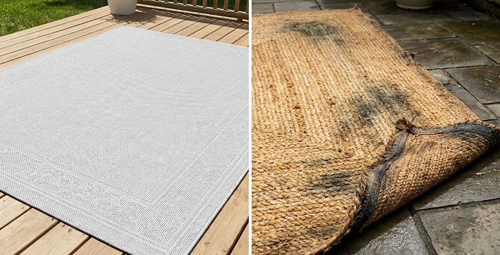 Modern outdoor rug on deck contrasted with a moldy jute mat, highlighting better outdoor rugs.