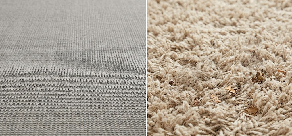 Easy-care, low-pile outdoor rugs contrasted with high-pile rugs trapping debris.
