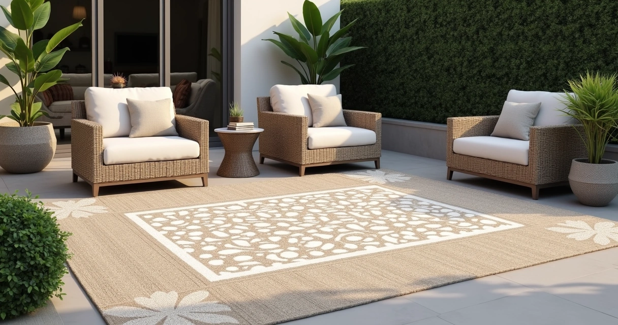 Elegant patio featuring a patterned brown and white outdoor rug with comfortable wicker chairs.